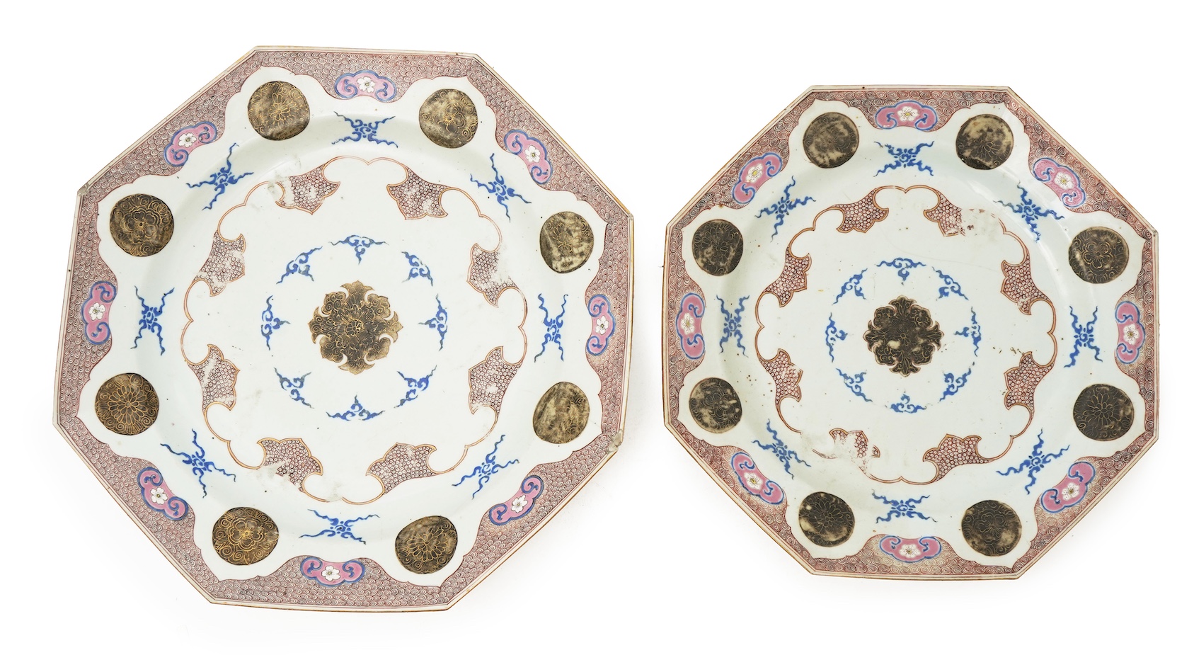 Two graduated Chinese famille rose octagonal dishes, Qianlong period
